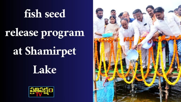 MP Etela Rajender participating in fish seed release program at Shamirpet Lake